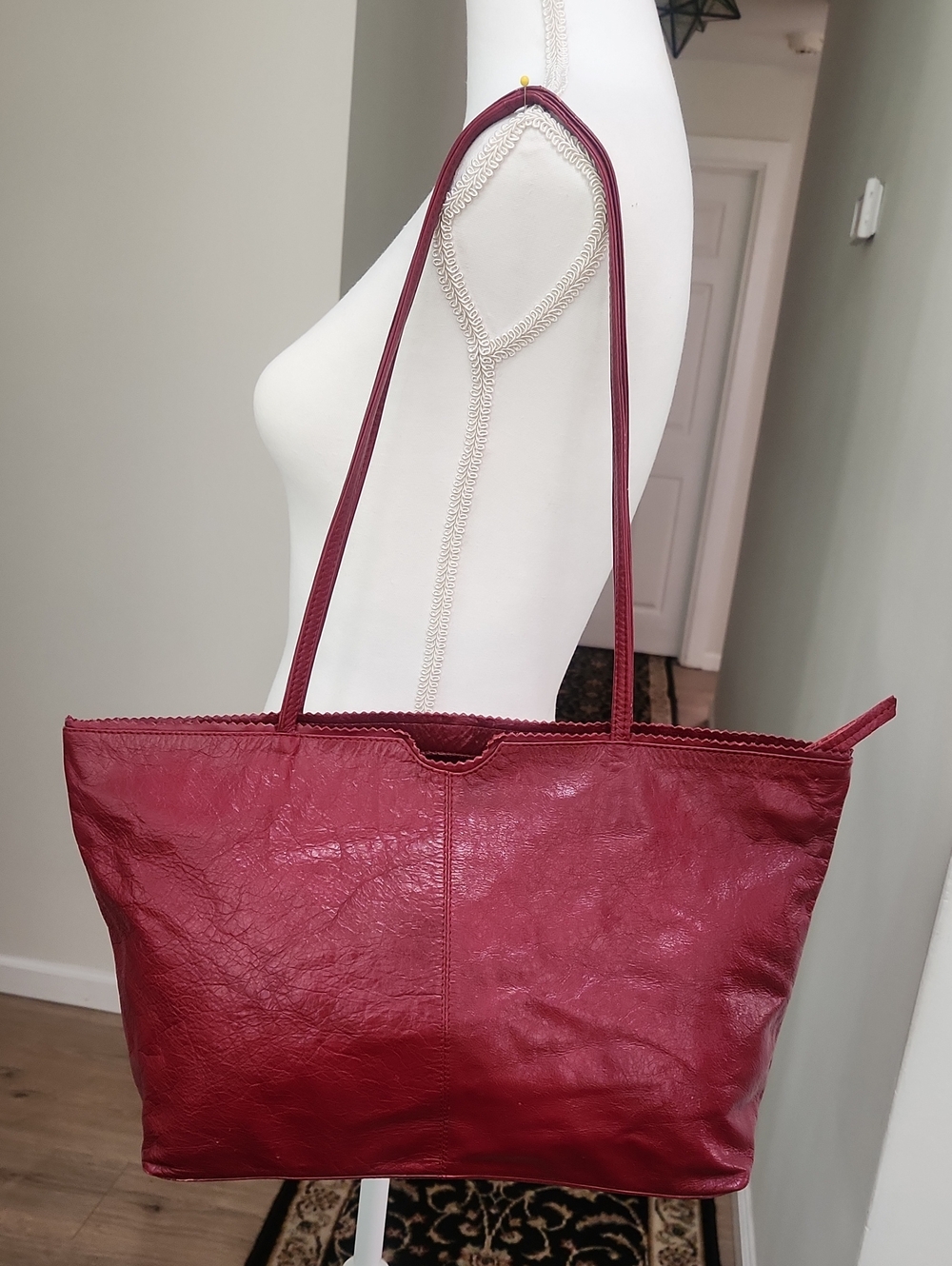 Latico Leathers Brigitte Red Full Grain Leather Scalloped Shoulder Tote Bag